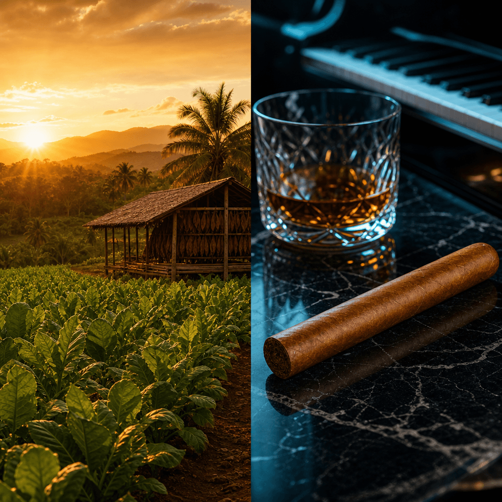 以左右雙區塊呈現多明尼加 Cibao 河谷菸田日落氛圍與深色大理石上金棕色優雅雪茄特寫的 AVO 品牌主視覺首圖