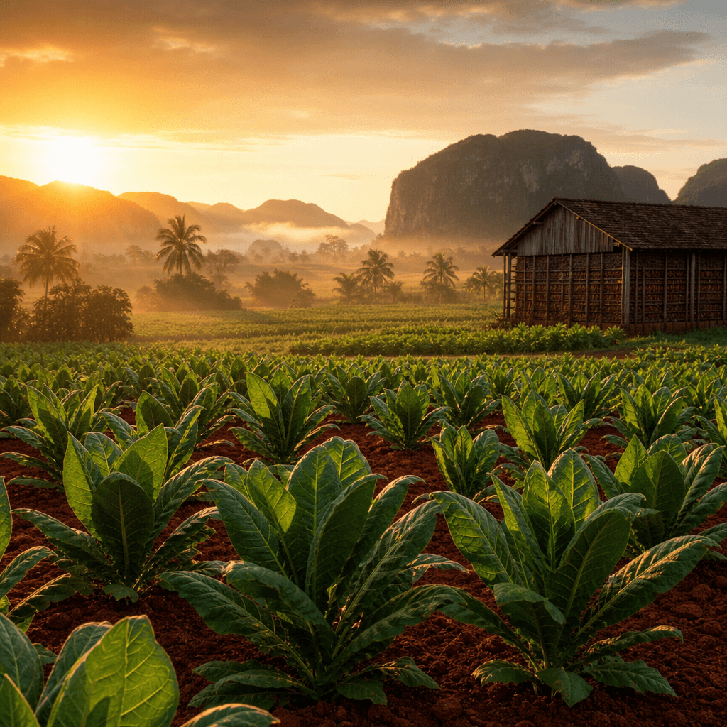 以古巴 Pinar del Río Vuelta Abajo 紅土菸田、濃綠菸株與木造乾燥棚晨光大景呈現 Bolívar 產地風土的風景照