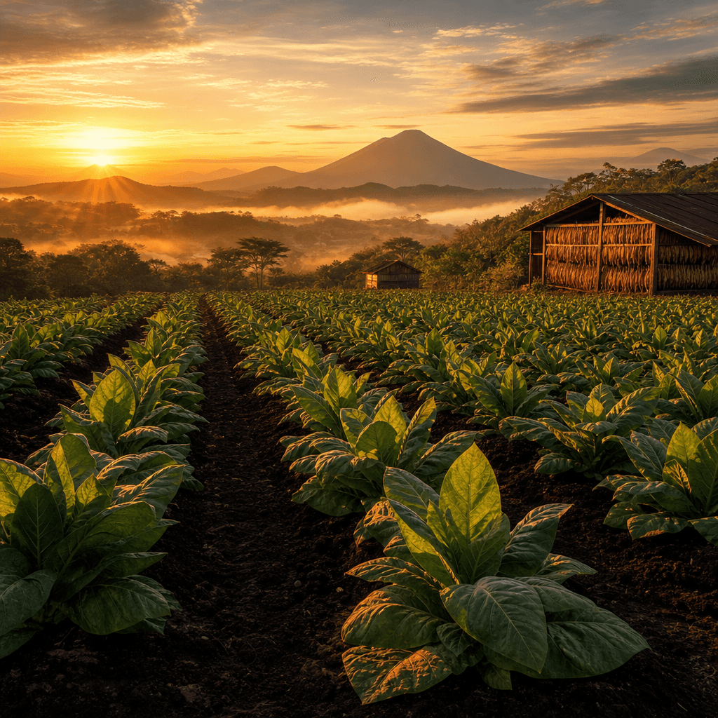 以尼加拉瓜 Estelí 火山黑土菸田、菸株與木造乾燥棚晨光大景呈現 Crowned Heads 產地風土的風景照