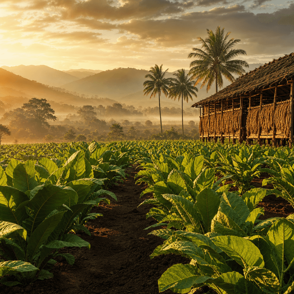 以多明尼加 Cibao 河谷肥沃菸田、菸株與木造乾燥棚晨光大景呈現鑽石皇冠產地風土的風景照