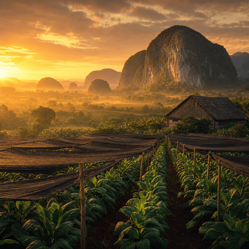 以古巴 Pinar del Río Vuelta Abajo 紅土菸田、遮蔭菸株、石灰岩山丘與木造乾燥棚黃昏大景呈現 Diplomáticos 產地風土的風景照