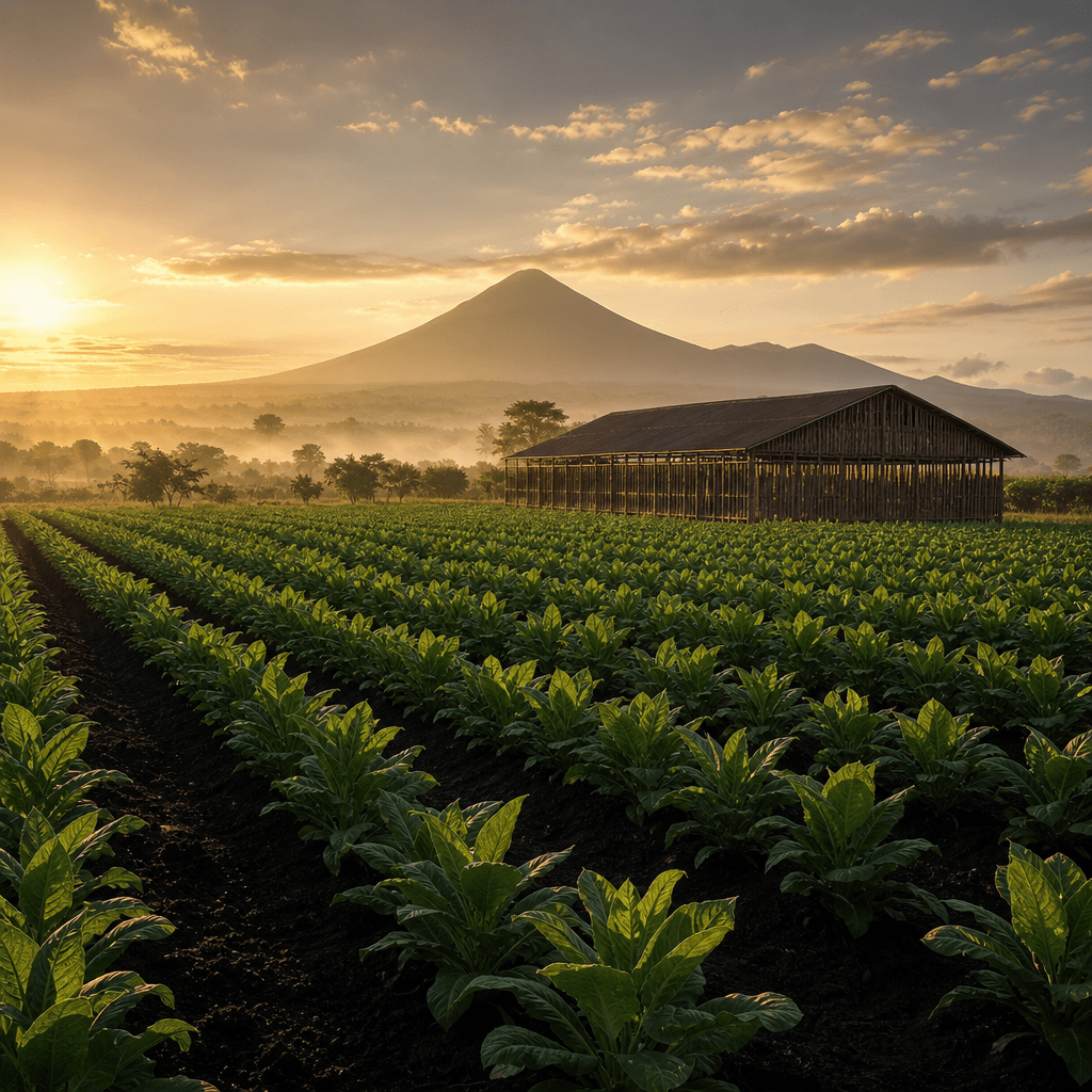 以尼加拉瓜 Estelí 火山黑土菸田、菸株與遠方火山輪廓晨光大景呈現 Don Pepin Garcia 產地風土的風景照