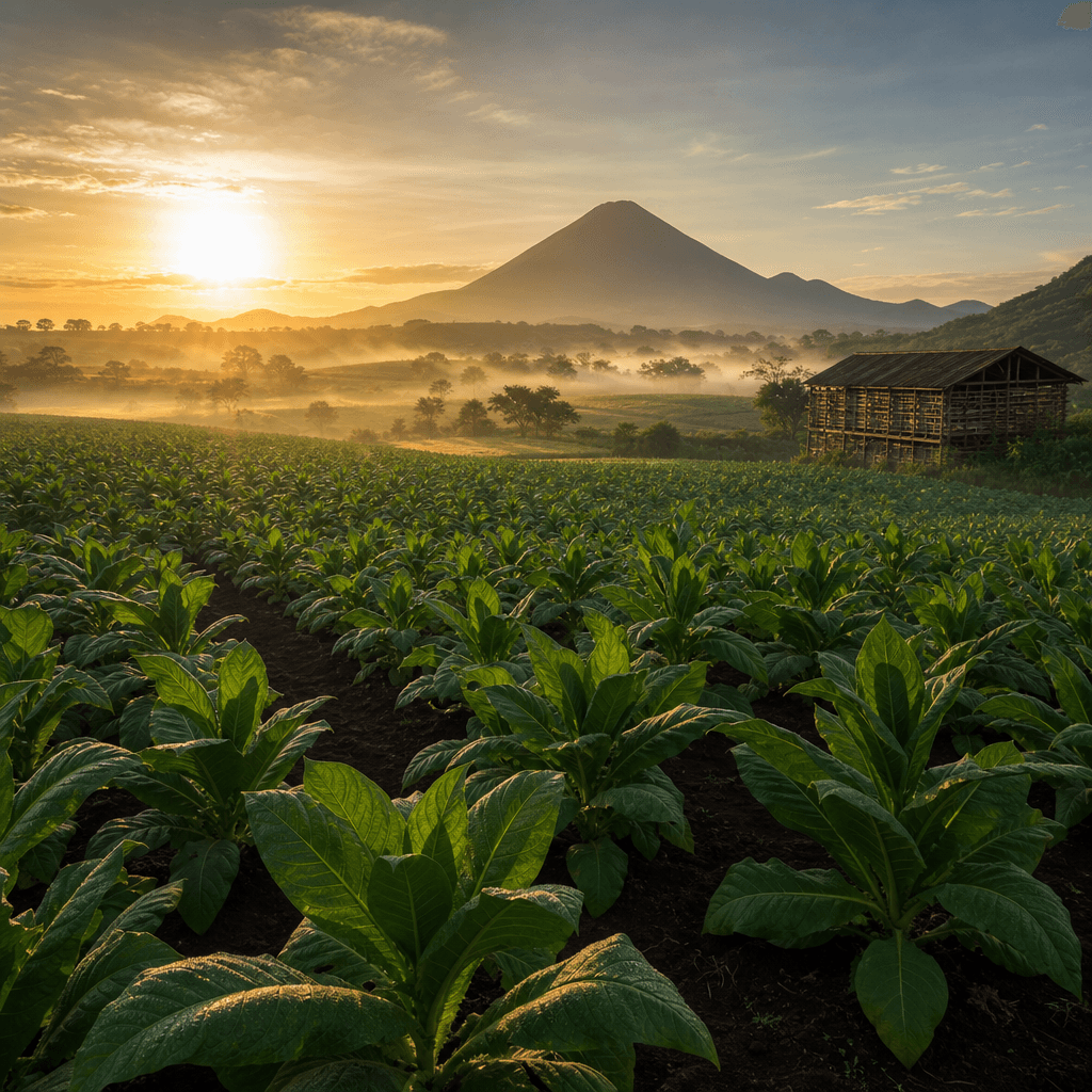 以尼加拉瓜 Estelí 火山土菸田、茂盛菸株與遠方火山錐晨光大景呈現 Drew Estate 產地風土的風景照