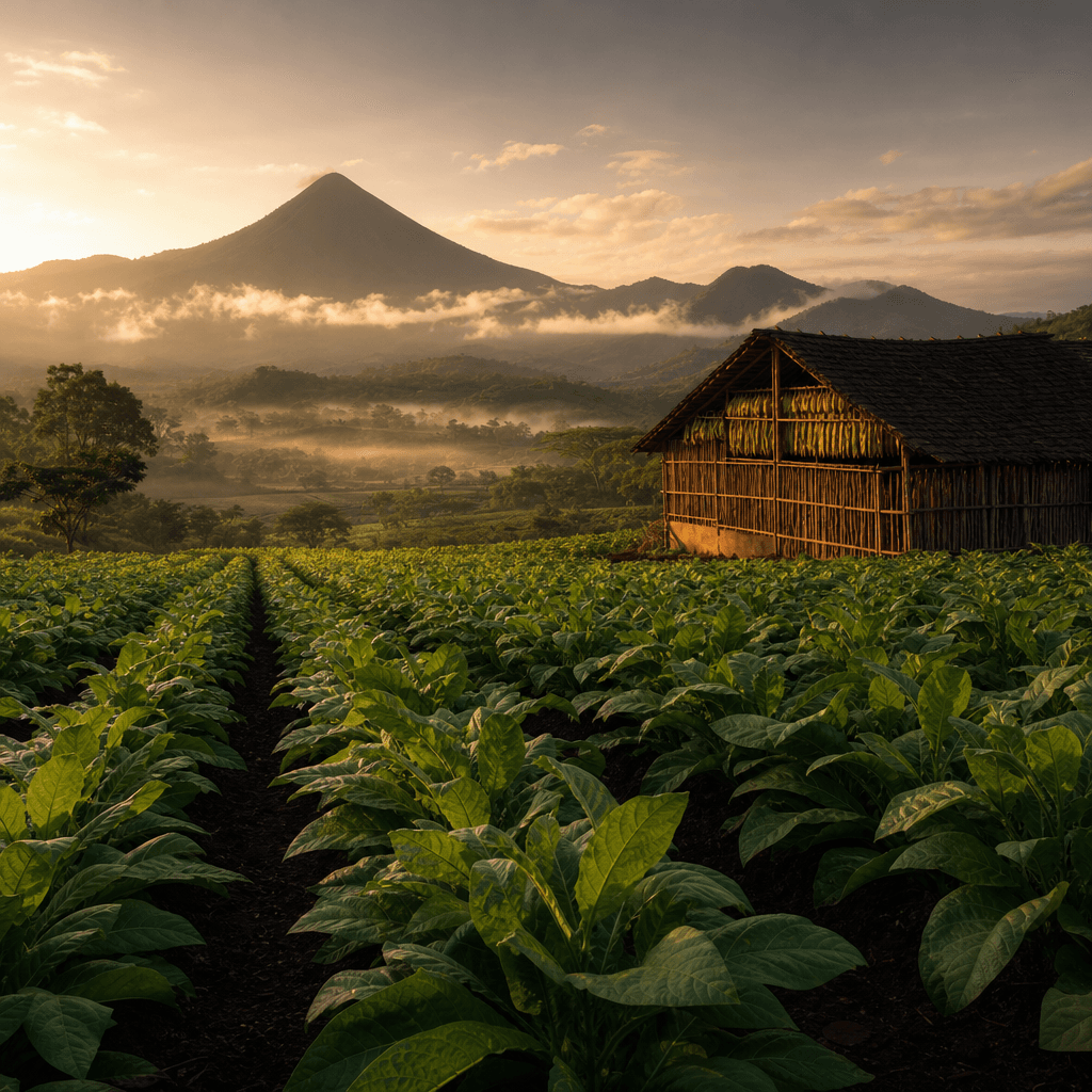 以尼加拉瓜 Estelí 火山黑土菸田、濃綠菸株與遠方火山錐晨光大景呈現 Dunbarton 產地風土的風景照