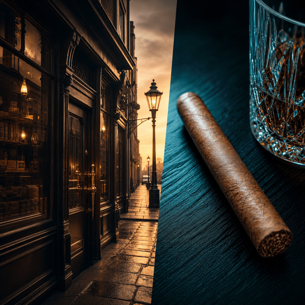 以左右雙區塊呈現1900 年代倫敦 Duke Street 老菸草店門面的日落暖調氛圍、與深色檯面上雪茄特寫,構成登喜路品牌主視覺首圖