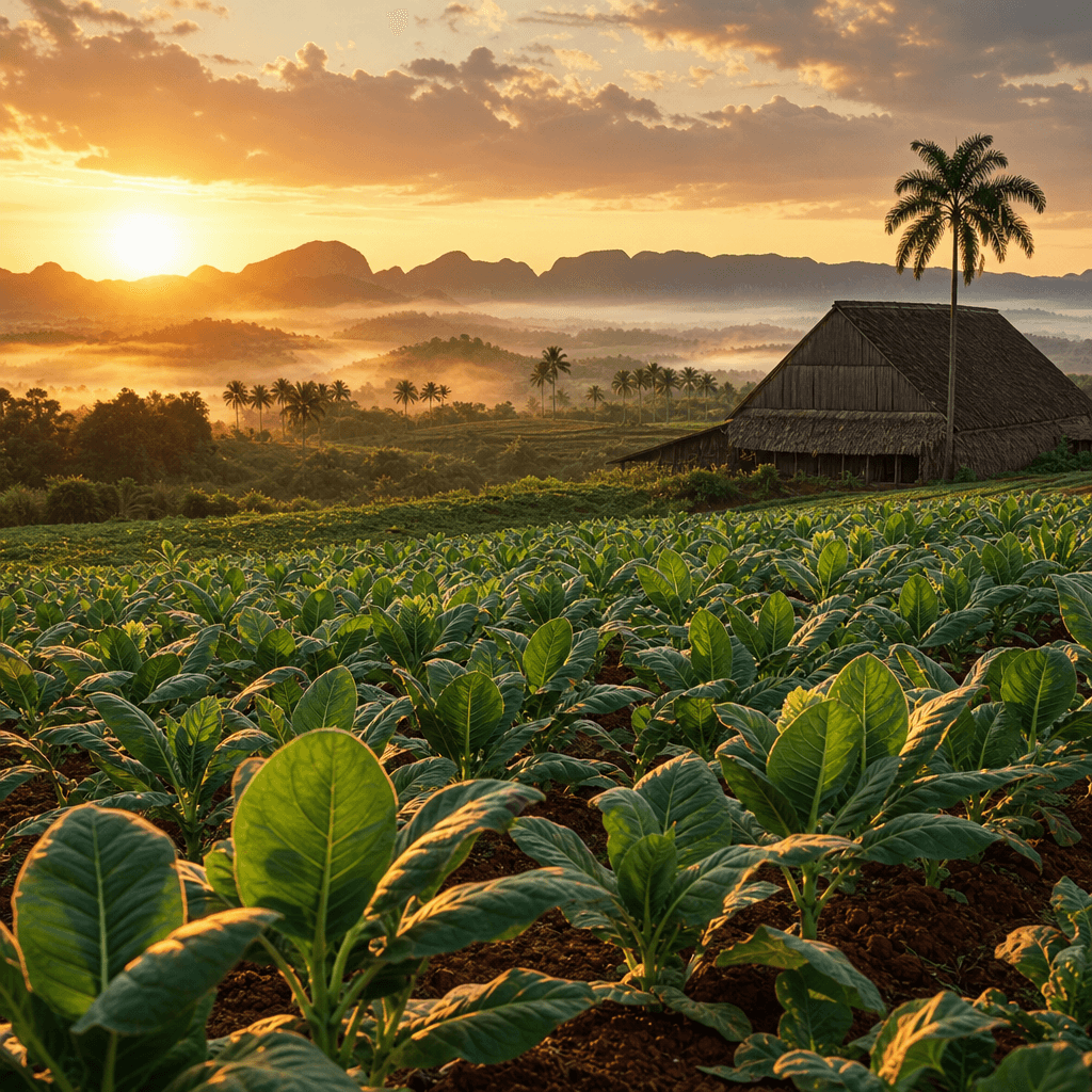 以古巴 Pinar del Río Vuelta Abajo 紅土菸田、菸株與木造乾燥棚晨光大景呈現 H. Upmann 產地風土的風景照