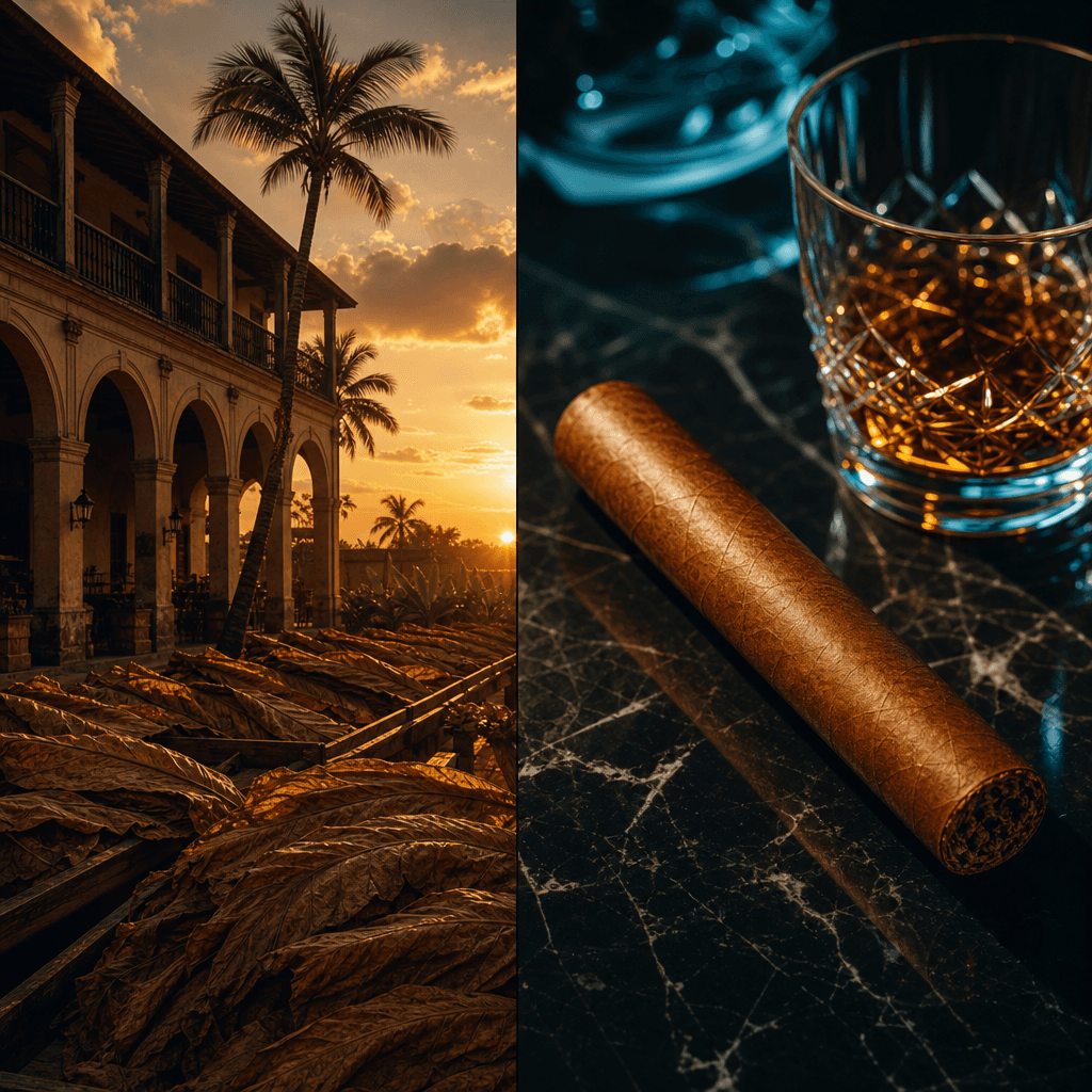 以左右雙區塊呈現古巴 San Juan y Martínez 老菸莊日落氛圍與深色大理石上飽滿古巴雪茄特寫的好友蒙特利品牌主視覺首圖