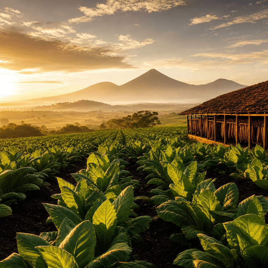 以尼加拉瓜 Estelí 火山黑土菸田、菸株與木造乾燥棚晨光大景呈現 Illusione 產地風土的風景照