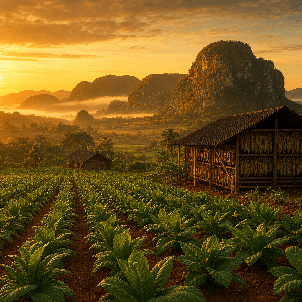 以古巴 Pinar del Río Vuelta Abajo 紅土菸田、菸株與木造乾燥棚黃昏大景呈現 José L. Piedra 產地風土的風景照