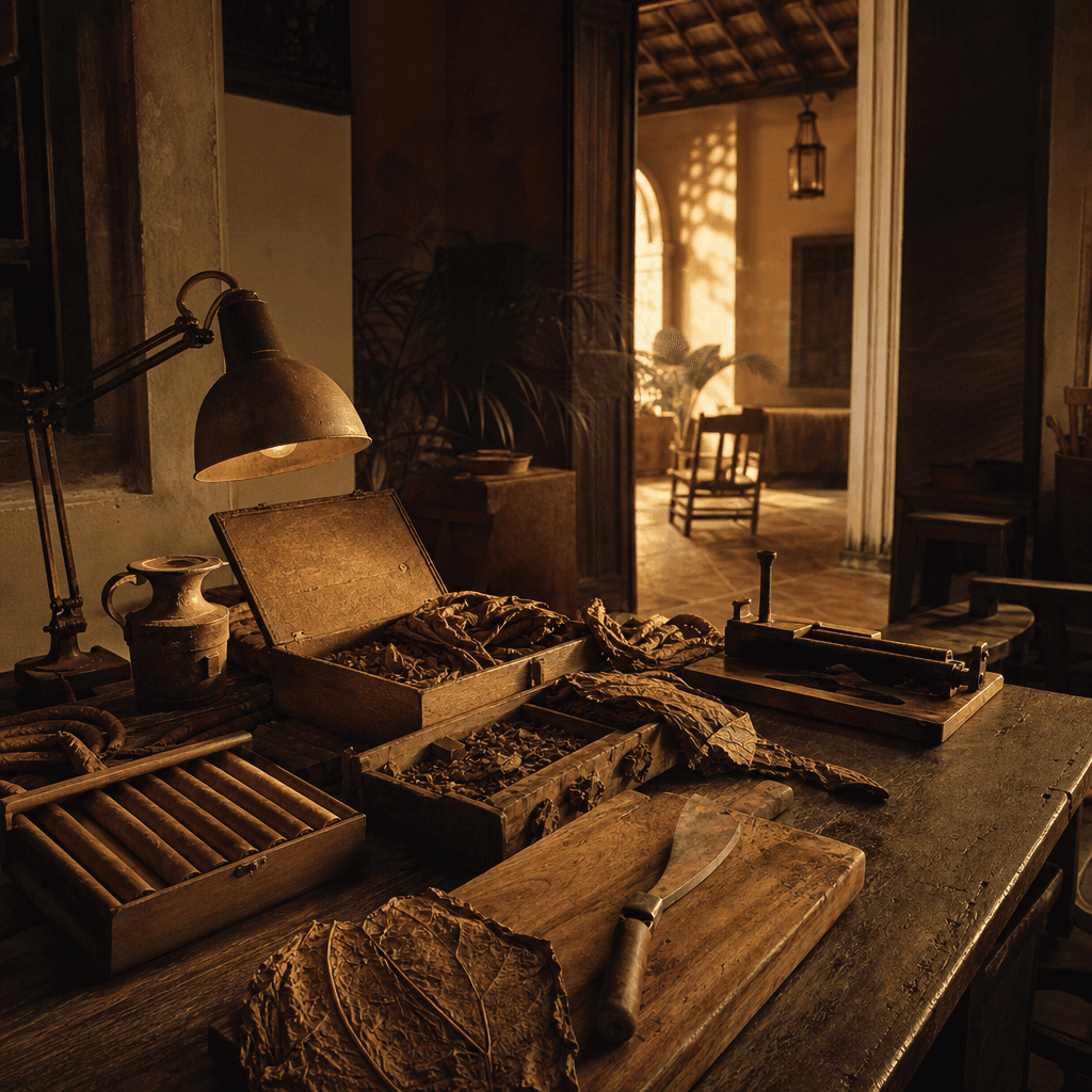 以 1960 年代末尼加拉瓜 Estelí 工坊木桌、舊式雪茄木盒與菸葉呈現 Joya de Nicaragua 創始年代氛圍的場景照