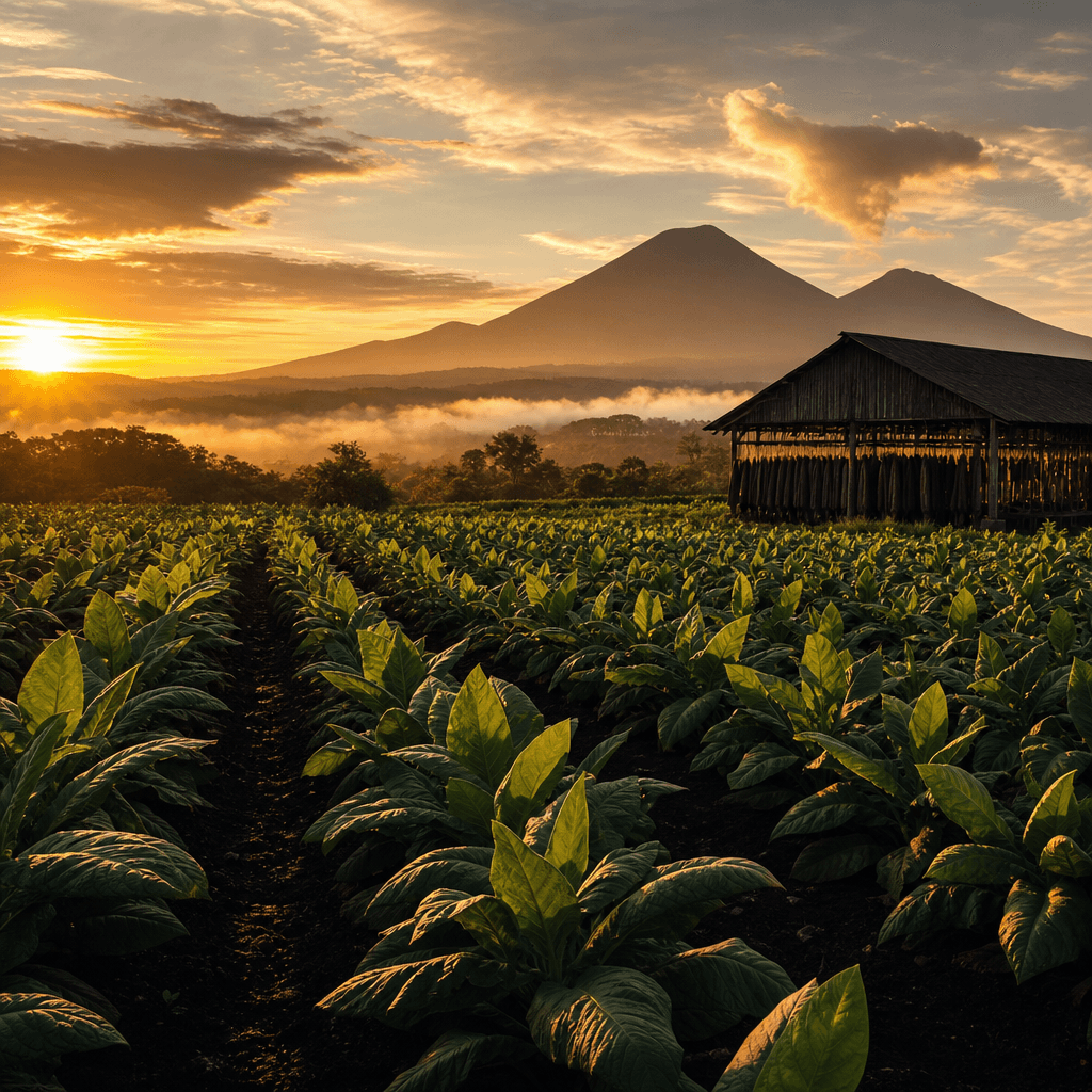 以尼加拉瓜 Estelí 火山黑土菸田、菸株與遠方火山錐晨光大景呈現 Joya de Nicaragua 產地風土的風景照