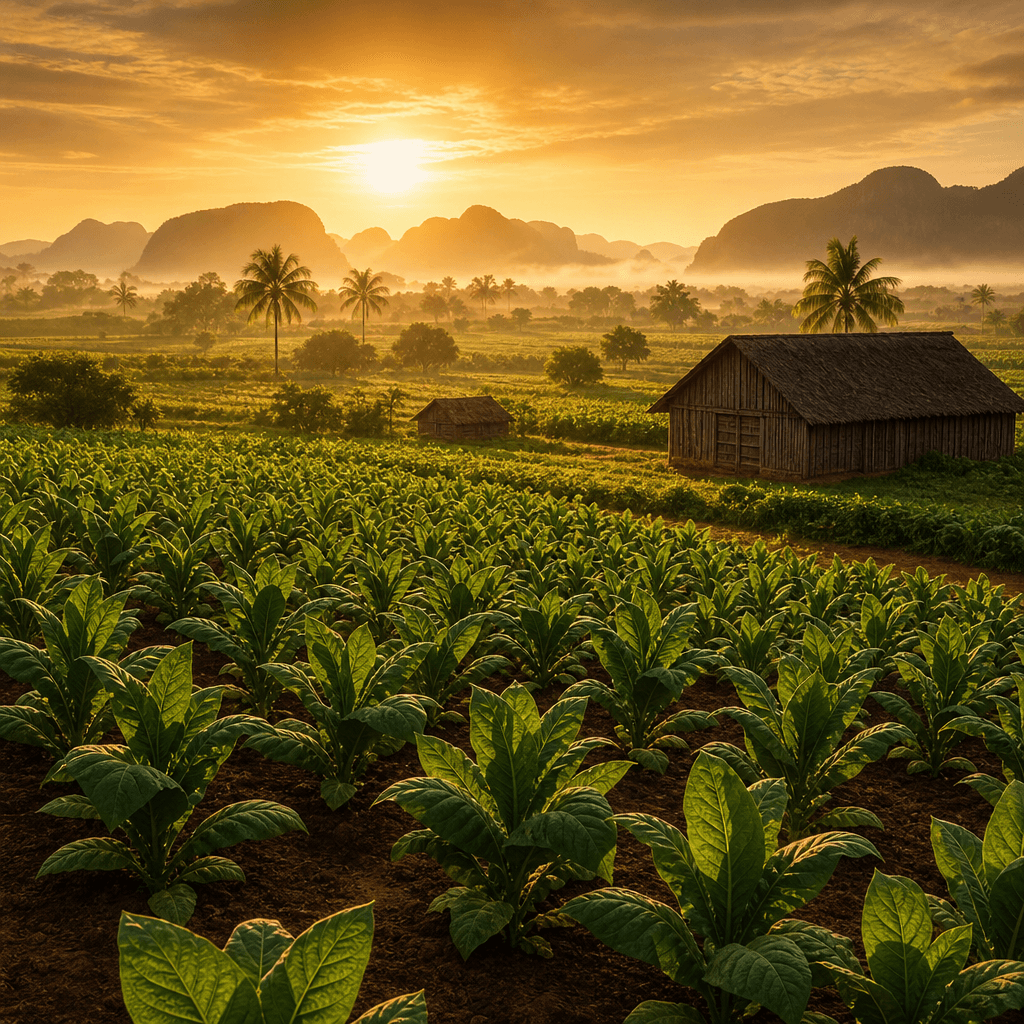 以古巴 Pinar del Río Vuelta Abajo 紅土菸田、菸株與木造乾燥棚晨光大景呈現 Juan López 產地風土的風景照