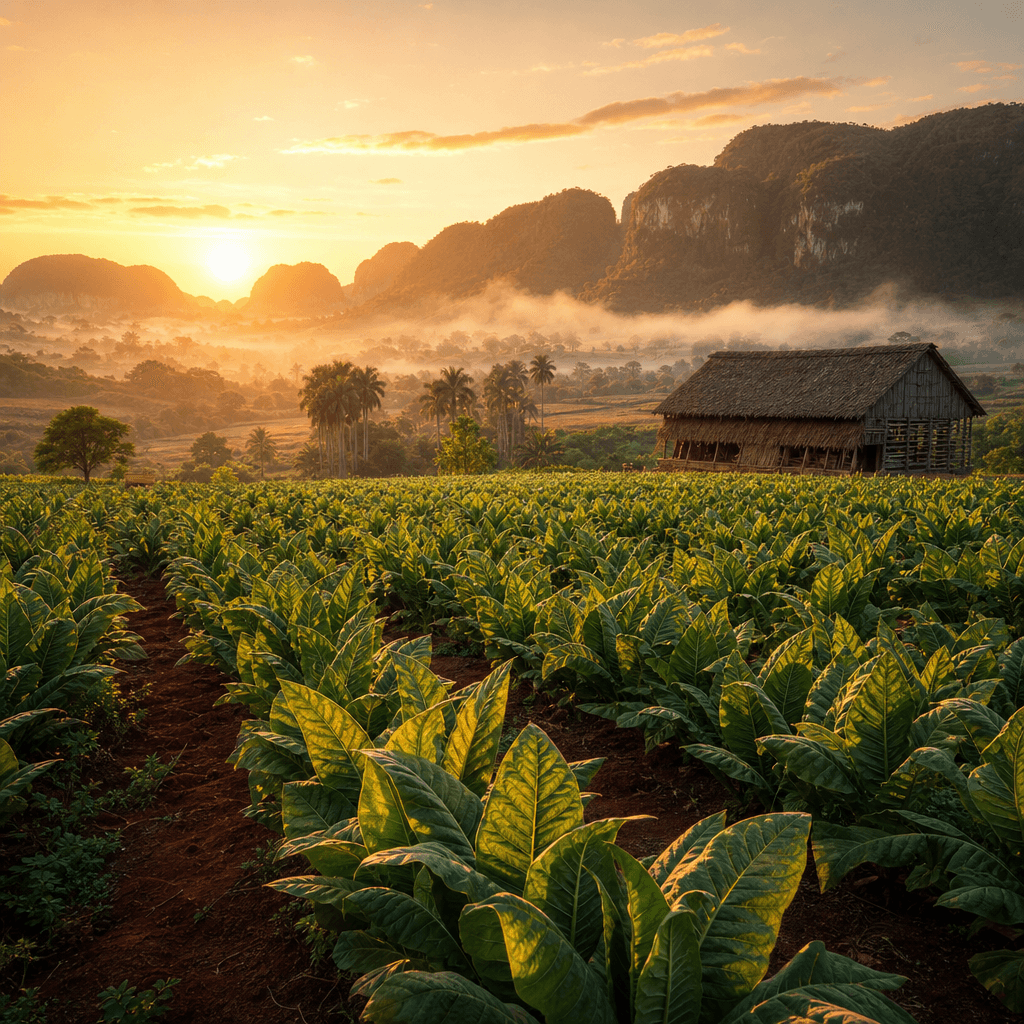 以古巴 Pinar del Río Vuelta Abajo 紅土菸田、菸株與木造乾燥棚晨光大景呈現 La Gloria Cubana 產地風土的風景照