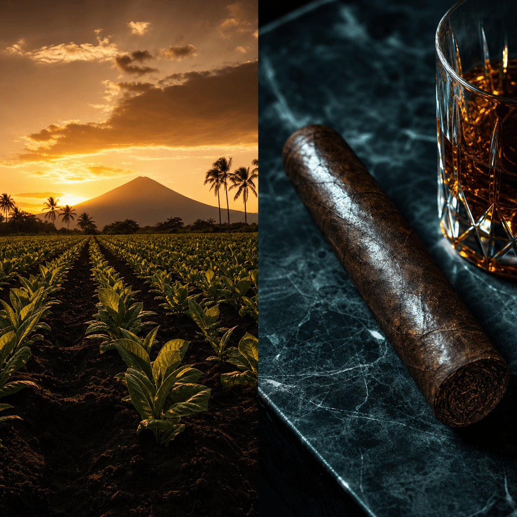 以左右雙區塊呈現尼加拉瓜 Estelí 火山土菸田日落氛圍與深色大理石上油亮深棕 oscuro 外葉雪茄特寫的 Liga Privada 品牌主視覺首圖