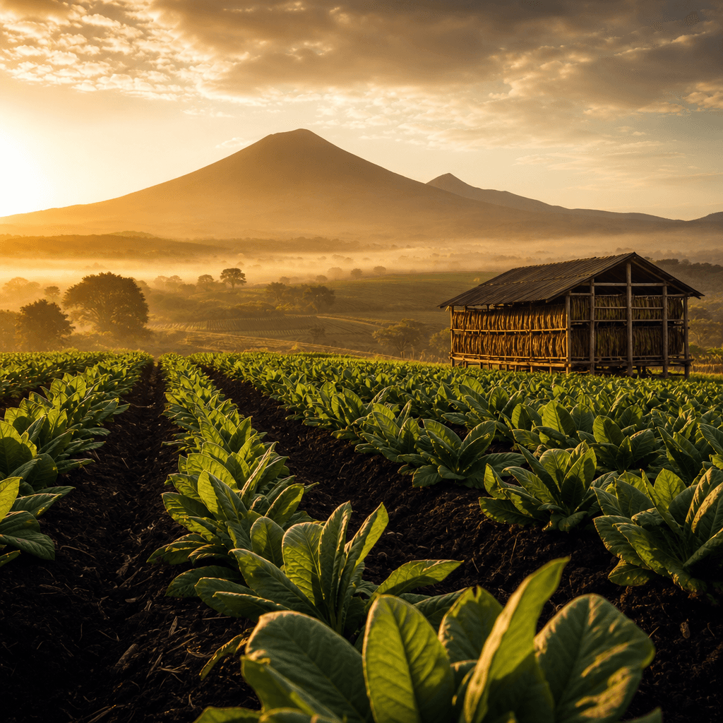以尼加拉瓜 Estelí 深色火山土菸田、菸株與遠方火山晨光大景呈現 Liga Privada 產地風土的風景照