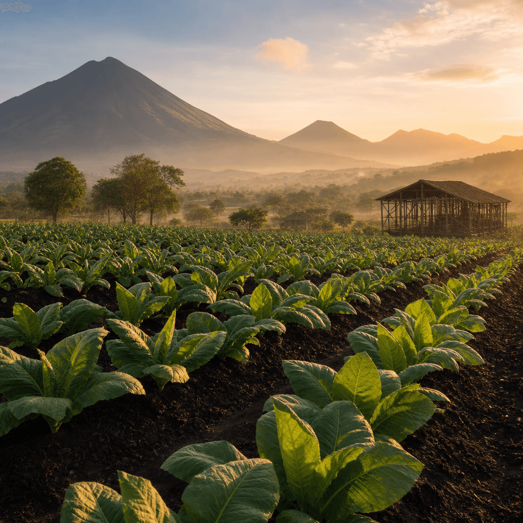 以尼加拉瓜 Estelí 火山黑土菸田、深綠菸株與遠方火山錐晨光大景呈現 My Father 產地風土的風景照