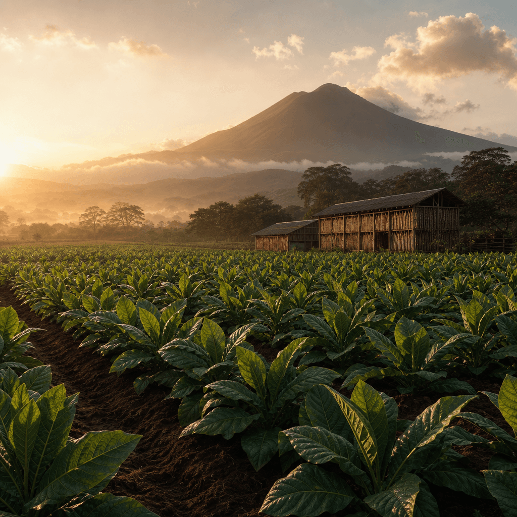 以尼加拉瓜 Estelí 火山土菸田、深綠菸株、遠方火山輪廓與木造乾燥棚晨光大景呈現 Padrón 產地風土的風景照