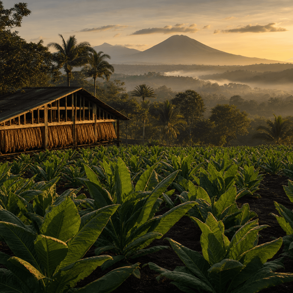 以尼加拉瓜 Estelí 深色火山土菸田、濃綠菸株與木造乾燥棚晨光大景呈現 Perdomo 產地風土的風景照