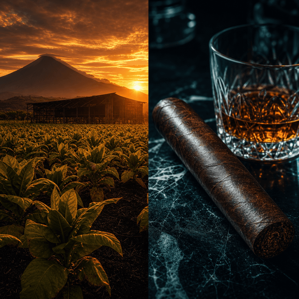 以左右雙區塊呈現尼加拉瓜 Estelí 火山黑土菸田日落氛圍與深色大理石上油亮深棕雪茄特寫的 Plasencia 品牌主視覺首圖