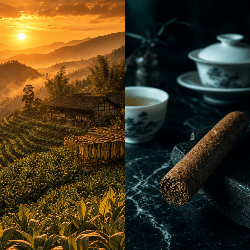 以左右雙區塊呈現中國四川什邡丘陵菸田日落氛圍與深色大理石上手工雪茄特寫的七星品牌主視覺首圖