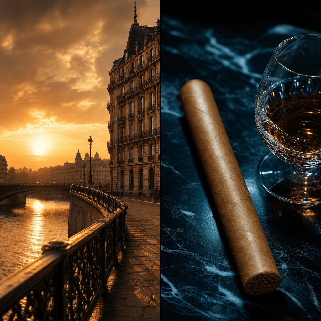 以左右雙區塊呈現巴黎 Quai d'Orsay 塞納河碼頭日落氛圍與深色大理石上修長淺金茄衣古巴 corona 雪茄特寫的多賽碼頭品牌主視覺首圖
