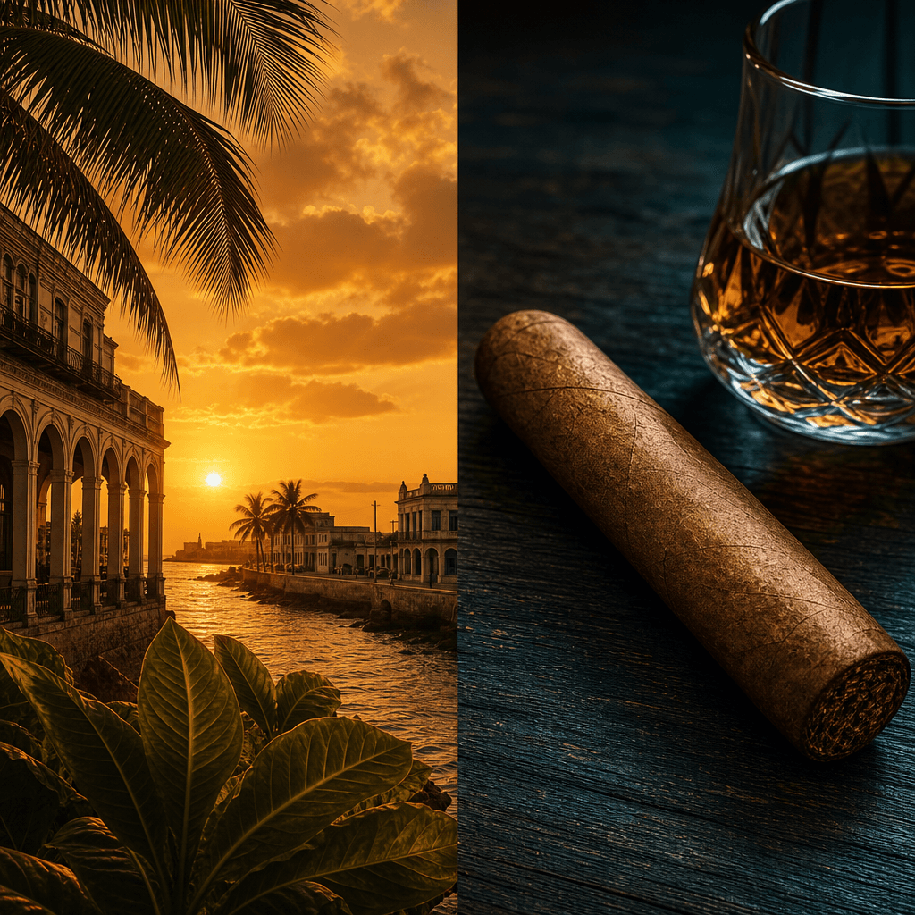 以左右雙區塊呈現古巴 Cienfuegos 海濱小鎮日落氛圍與深色木檯上自然棕色茄衣古巴 breva 雪茄特寫的昆德洛品牌主視覺首圖