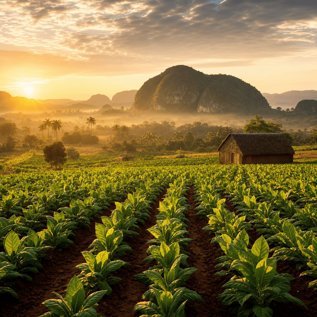 以古巴 Pinar del Río Vuelta Abajo 紅土菸田、菸株與木造乾燥棚晨光大景呈現 Rafael González 產地風土的風景照