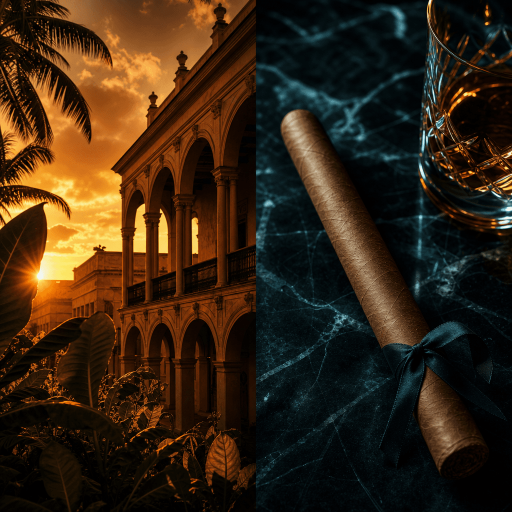 以左右雙區塊呈現 1875 哈瓦那 Romeo y Julieta 工坊殖民建築日落氛圍與深色大理石上優雅古巴 churchill 雪茄特寫的羅密歐與茱麗葉品牌主視覺首圖