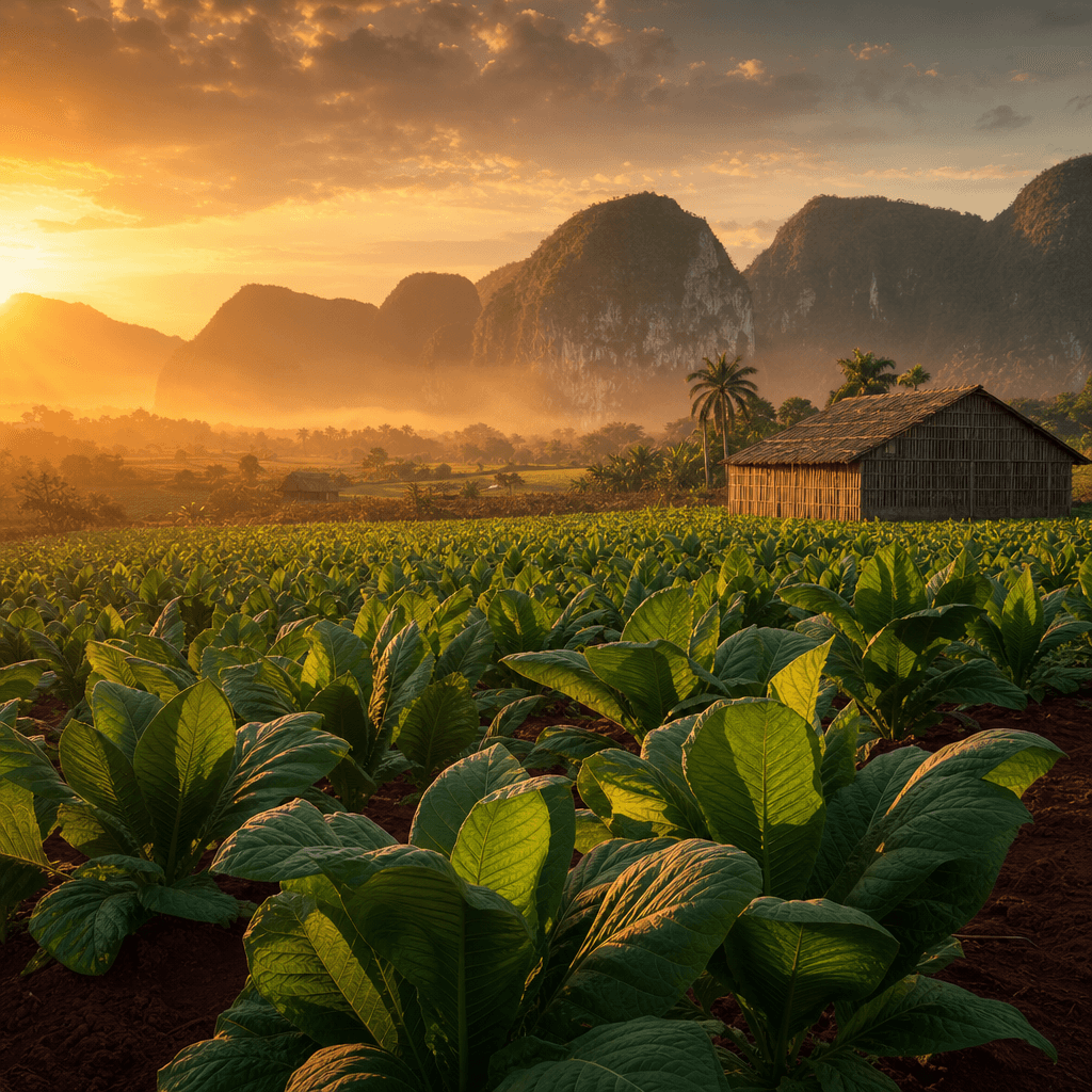 以古巴 Pinar del Río Vuelta Abajo 紅土菸田、菸株、石灰岩山丘與木造乾燥棚黃昏大景呈現 Saint Luis Rey 產地風土的風景照