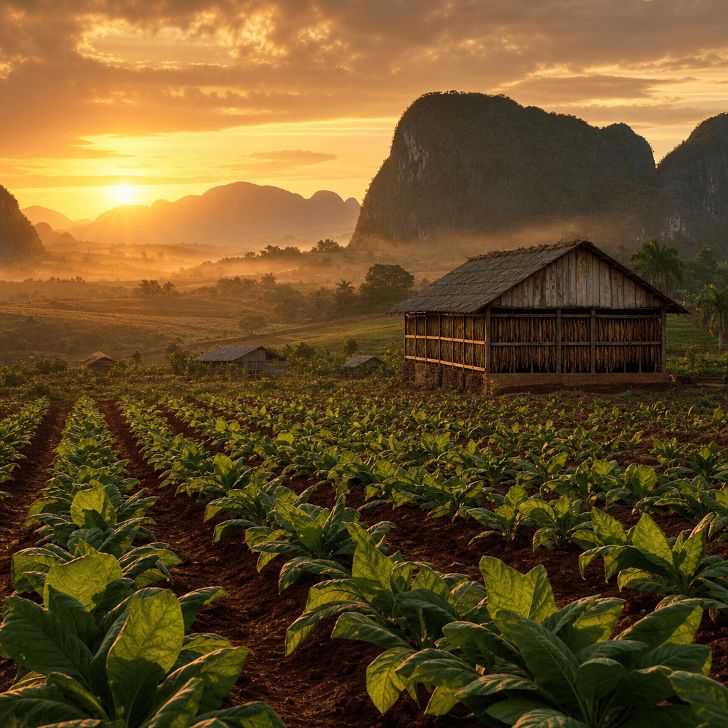 以古巴 Pinar del Río Vuelta Abajo 紅土菸田、菸株與石灰岩山丘黃昏大景呈現 Sancho Panza 產地風土的風景照