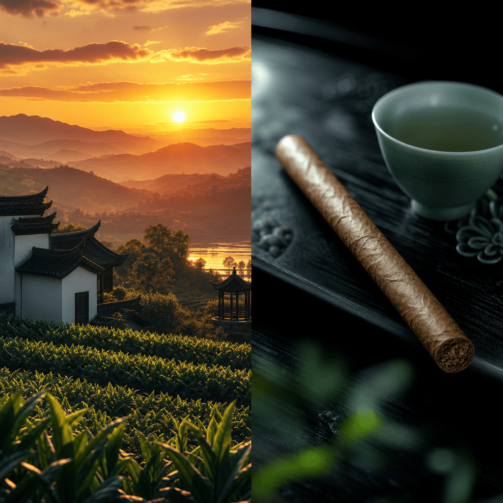 以左右雙區塊呈現中國四川什邡菸區日落氛圍與深色烏木檯上細長中式手工雪茄特寫的獅龍品牌主視覺首圖