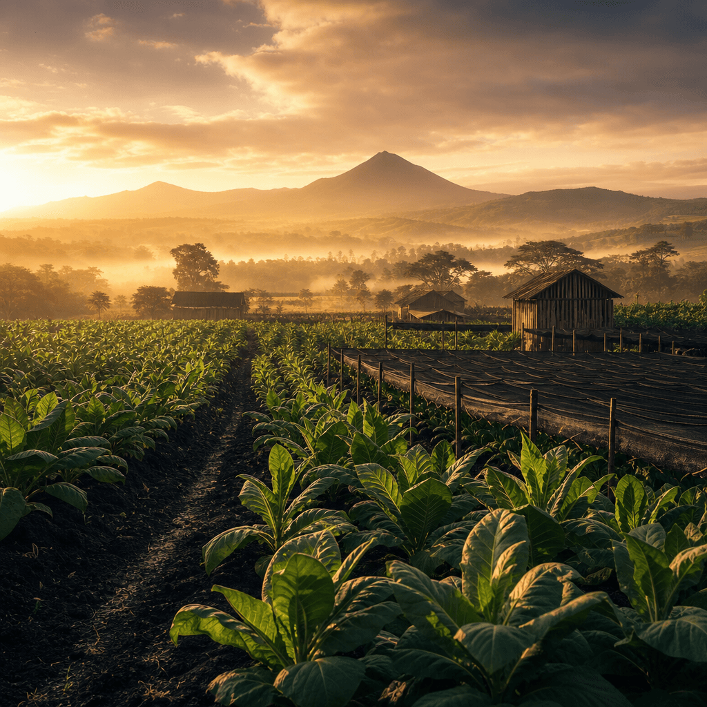 以尼加拉瓜 Estelí 火山土菸田、整齊菸株與遠方火山晨光大景呈現 Warped 產地風土的風景照