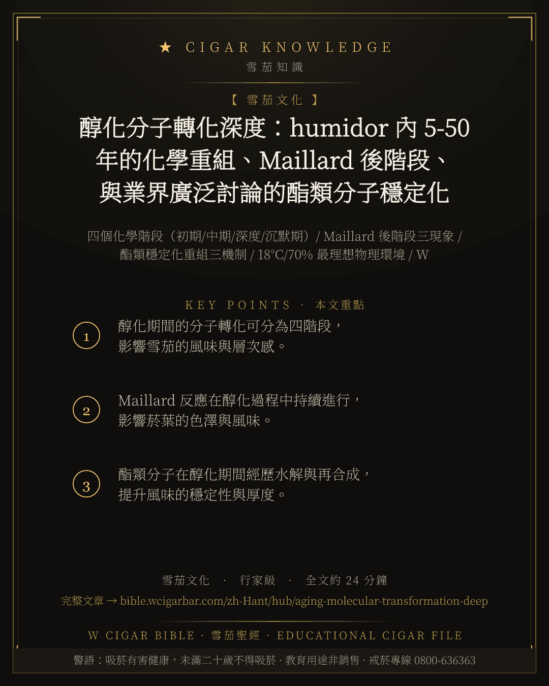 醇化分子轉化深度:humidor 內 5-50 年的化學重組、Maillard 後階段、與業界廣泛討論的酯類分子穩定化