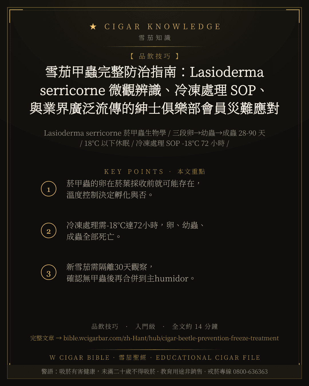 雪茄甲蟲完整防治指南:Lasioderma serricorne 微觀辨識、冷凍處理 SOP、與業界廣泛流傳的紳士俱樂部會員災難應對