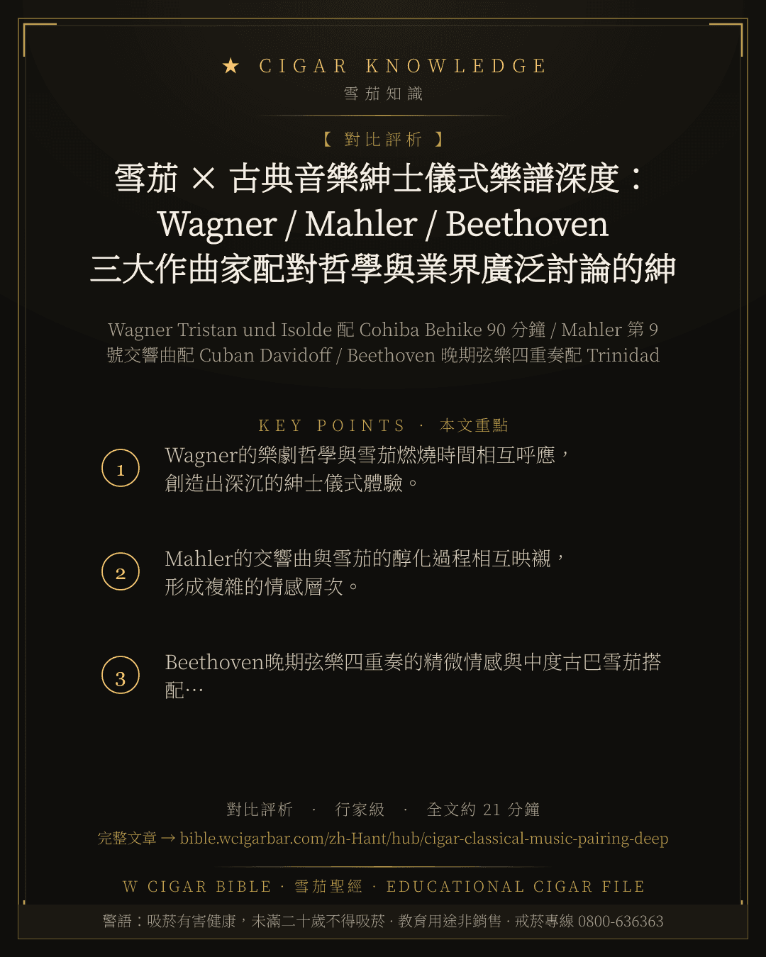 雪茄 × 古典音樂紳士儀式樂譜深度:Wagner / Mahler / Beethoven 三大作曲家配對哲學與業界廣泛討論的紳士聆聽時刻