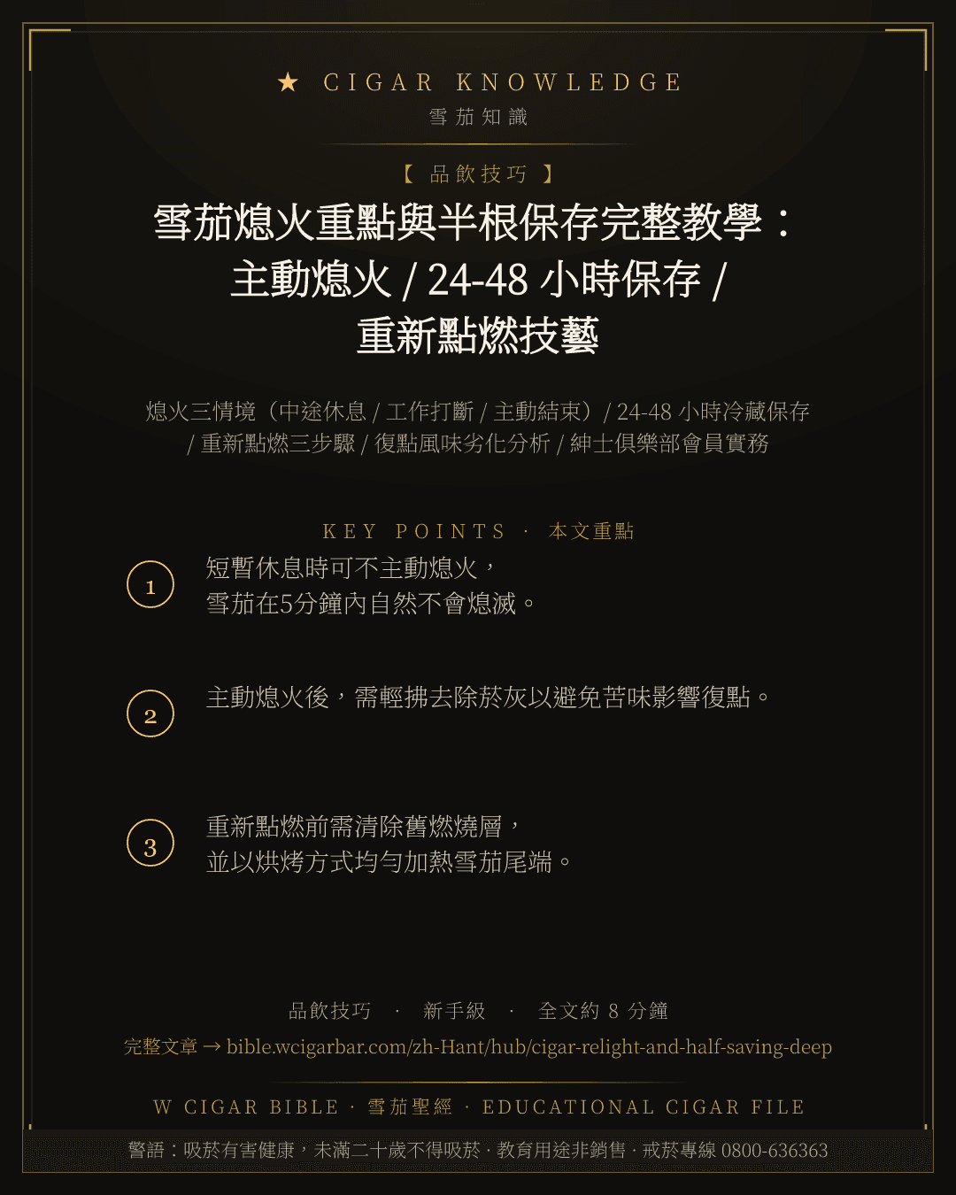 雪茄熄火重點與半根保存完整教學:主動熄火 / 24-48 小時保存 / 重新點燃技藝