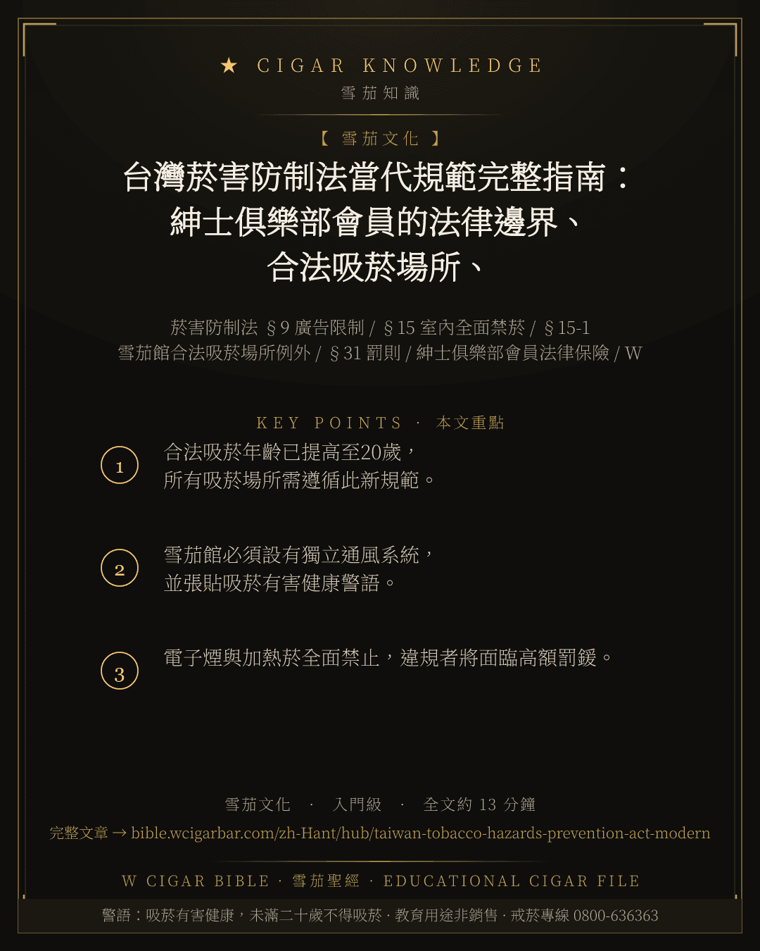 台灣菸害防制法當代規範完整指南:紳士俱樂部會員的法律邊界、合法吸菸場所、與業界廣泛流傳的當代雪茄文化適應